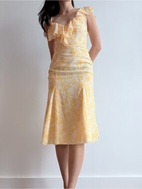 Yellow Ruffled Satin Midi Dress
